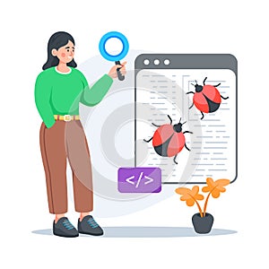 Website bug testing and software debugging process flat illustration