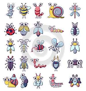 Bug funny insect icons set, cartoon style