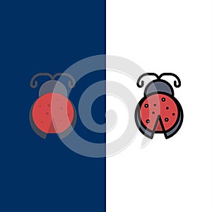 Bug, Insect, Ladybug, Spring  Icons. Flat and Line Filled Icon Set Vector Blue Background