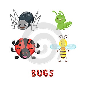 Bug or insect set. Spider, caterpillar or worm, ladybird, bee or wasp, dotted letters. Cute vector mascot character