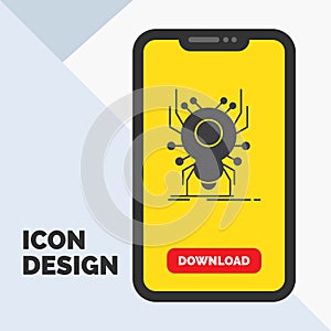 Bug, insect, spider, virus, App Glyph Icon in Mobile for Download Page. Yellow Background