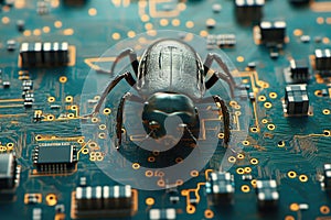 The bug on the motherboard of a computer as a symbol of a damaged code or virus. The concept of errors and hacking computer