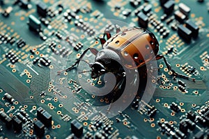 The bug on the motherboard of a computer as a symbol of a damaged code or virus