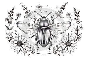 bug outline vintage illustration, entomology, with summer flowers and plants, symmetrical, isolated