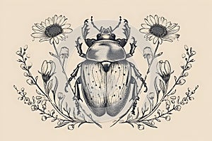 bug outline vintage illustration, entomology, with summer flowers and plants, symmetrical, isolated
