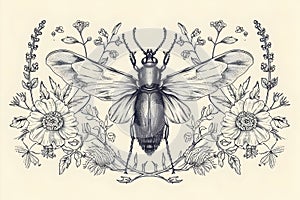 bug outline vintage illustration, entomology, with summer flowers and plants, symmetrical, isolated