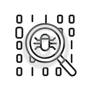 Bug search icon in line design. bug, search, magnifier, virus, malware, hacker, scan on white background vector. Bug search