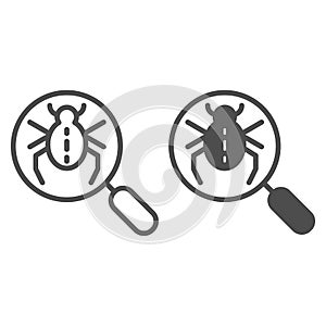 Bug searching line and glyph icon. Magnifying glass and beetle vector illustration isolated on white. Computer virus