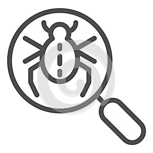 Bug searching line icon. Magnifying glass and beetle vector illustration isolated on white. Computer virus outline style