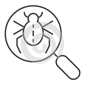 Bug searching thin line icon. Magnifying glass and beetle vector illustration isolated on white. Computer virus outline