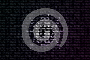 Bug silhouette composed from 0 and 1 digits over binary code surface