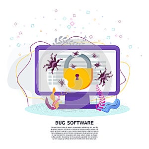 Bug software vector concept. Bugs crawling on a computer monitor.
