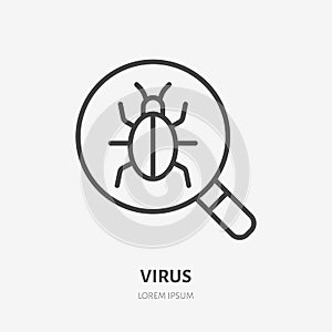 Bug under glass flat line icon. Malware vector illustration. Thin sign of computer virus, web security pictogram