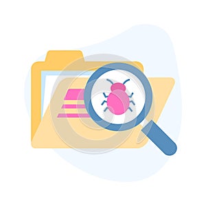 Bug under magnifier with data folder denoting icon of bug searching, virus scanning vector