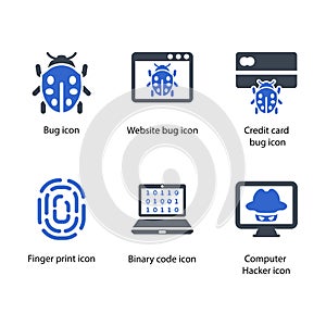 Bug, Website bug, Credit card bug, Finger print, Binary code, Computer Hacker, icon