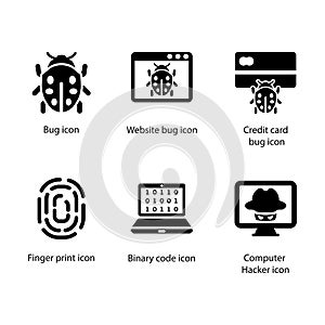 Bug, Website bug, Credit card bug, Finger print, Binary code, Computer Hacker, icon