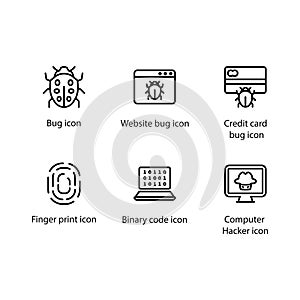 Bug, Website bug, Credit card bug, Finger print, Binary code, Computer Hacker, icon