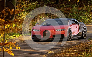 Bugatti Chiron driving on an autumn road