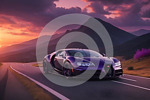 Bugatti driving down mountain road purple sky breathtaking sunset cinematic photo generated by Ai