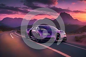 Bugatti driving down mountain road purple sky breathtaking sunset cinematic photo generated by Ai
