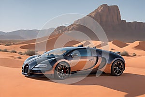 Bugatti Veyron supercar standing out against the rugged terrain of a desert generative by AI