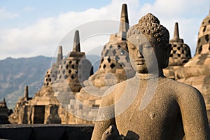 Buggha statue and stupas in Borobudur temple, Indonesia