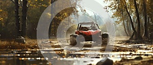 A buggy rides at through the jungle. Extreme. Splashes, dirt, branches, stones. Off-road racing. Auto-sport. Generative