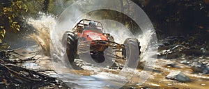 A buggy rides at through the jungle. Extreme. Splashes, dirt, branches, stones. Off-road racing. Auto-sport. Generative