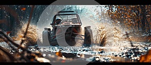 A buggy rides at through the jungle. Extreme. Splashes, dirt, branches, stones. Off-road racing. Auto-sport. Generative