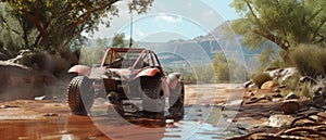 A buggy rides at through the jungle. Extreme. Splashes, dirt, branches, stones. Off-road racing. Auto-sport. Generative