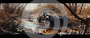 A buggy rides at through the jungle. Extreme. Splashes, dirt, branches, stones. Off-road racing. Auto-sport. Generative