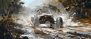 A buggy rides at through the jungle. Extreme. Splashes, dirt, branches, stones. Off-road racing. Auto-sport. Generative