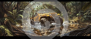 A buggy rides at through the jungle. Extreme. Splashes, dirt, branches, stones. Off-road racing. Auto-sport. Generative
