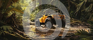 A buggy rides at through the jungle. Extreme. Splashes, dirt, branches, stones. Off-road racing. Auto-sport. Generative