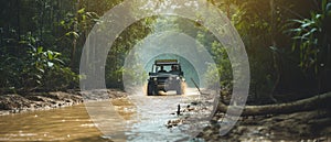 A buggy rides at through the jungle. Extreme. Splashes, dirt, branches, stones. Off-road racing. Auto-sport. Generative