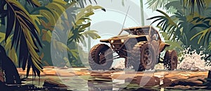 A buggy rides at through the jungle. Extreme. Splashes, dirt, branches, stones. Off-road racing. Auto-sport. Generative