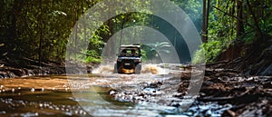 A buggy rides at through the jungle. Extreme. Splashes, dirt, branches, stones. Off-road racing. Auto-sport. Generative