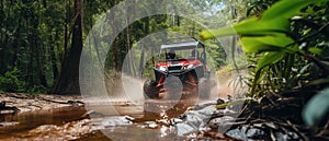 A buggy rides at through the jungle. Extreme. Splashes, dirt, branches, stones. Off-road racing. Auto-sport. Generative