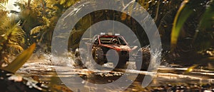 A buggy rides at through the jungle. Extreme. Splashes, dirt, branches, stones. Off-road racing. Auto-sport. Generative