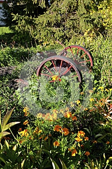 Buggy wheels in a flower garden