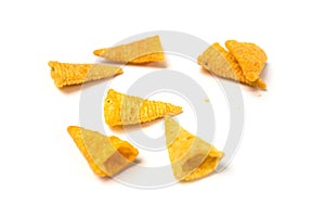 bugles salted appetizers pile on white background