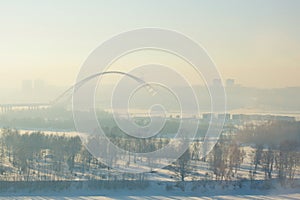 Bugrinsky bridge in winter fog