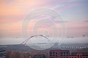 Bugrinsky bridge in winter foggy morning