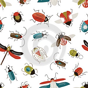 Bugs and beetles vector seamless pattern. Entomology and insects colorful backdrop. Dragonfly, ladybugs, ladybirds and photo