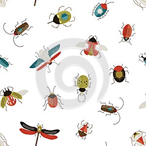 Bugs and beetles vector seamless pattern. Insects colorful texture. Stag-beetle, ladybugs, ladybirds and dragonfly on