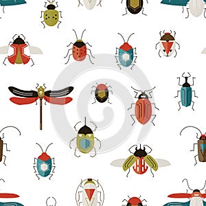 Bugs colorful vector seamless pattern. Beetles, dragonfly, ladybugs decorative backdrop. Ladybirds and stag-beetle on