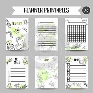 Bugs insects hand drawn notes Pest control organizer. Entomology printables. Cartoon illustration of pests and bug