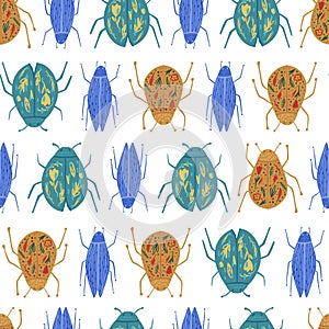 Bugs seamless pattern isolated on white background. Funny beetle wallpaper. Geometric insect ornament