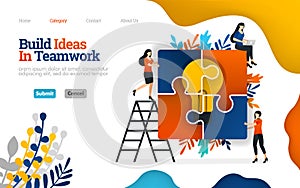 Build Ideas in Team Work, assembling puzzles for inspiration, teamwork for ideas. Vector flat illustration concept , can use for