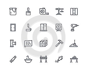 Build line icons. Home construction materials, digging and painting repair. Maintenance and building outline pictograms